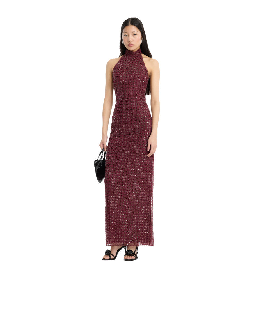 Maroon Embellished Halter Neck Maxi Dress 2