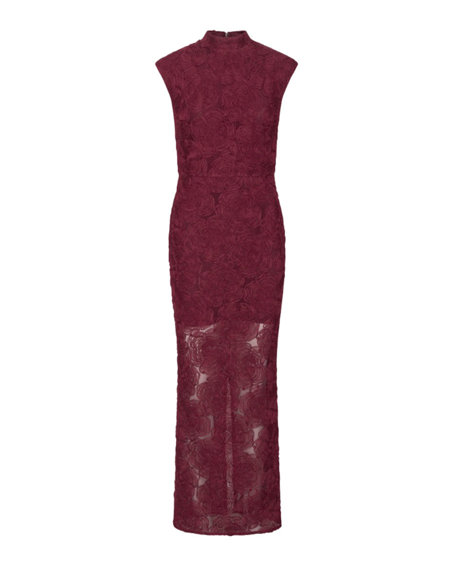Maroon Floral Mock Collar Maxi Dress 1
