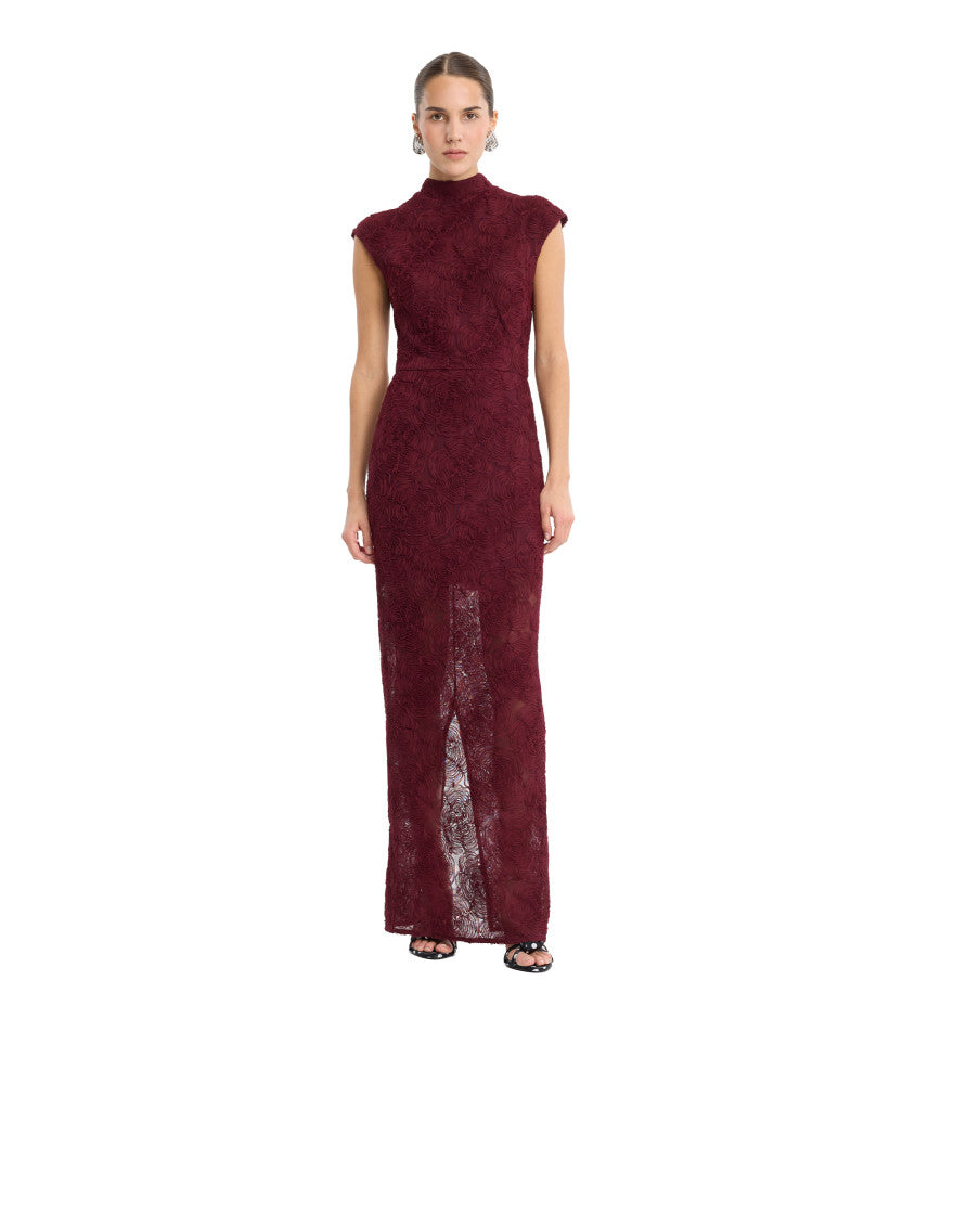 Maroon Floral Mock Collar Maxi Dress 2