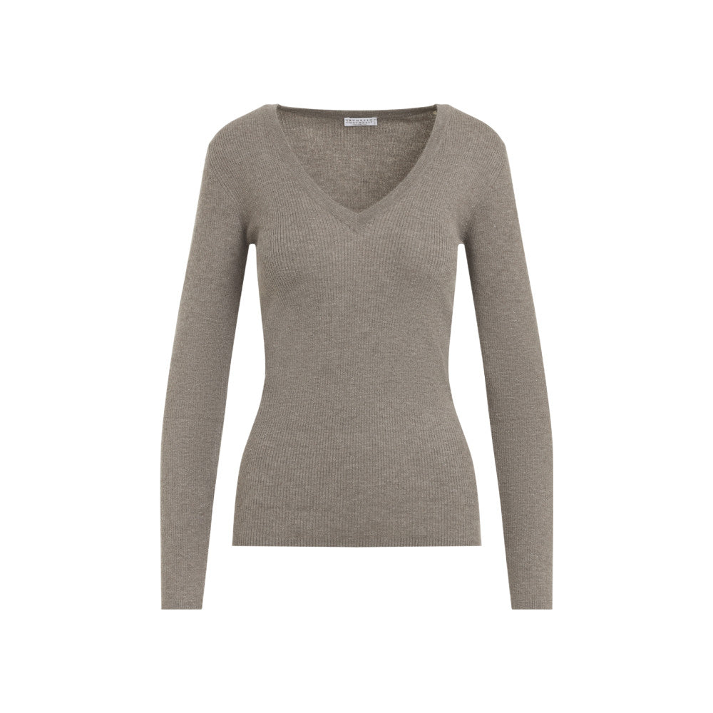 Brown Knitted V Neck Sweater 1