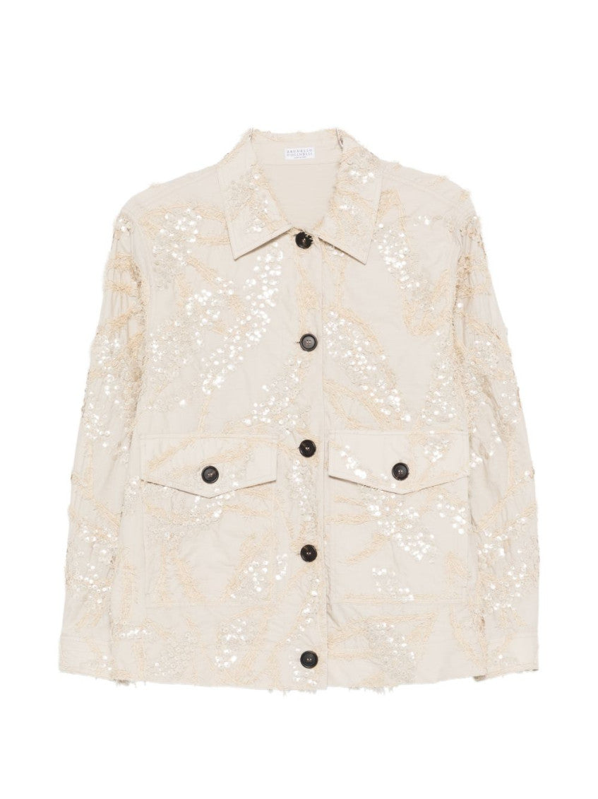 Beige Embellished Shirt Collar Jacket 1