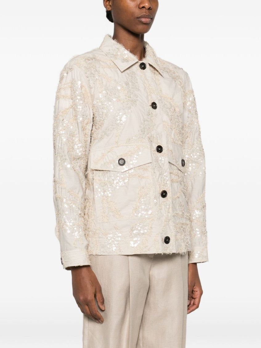 Beige Embellished Shirt Collar Jacket 3