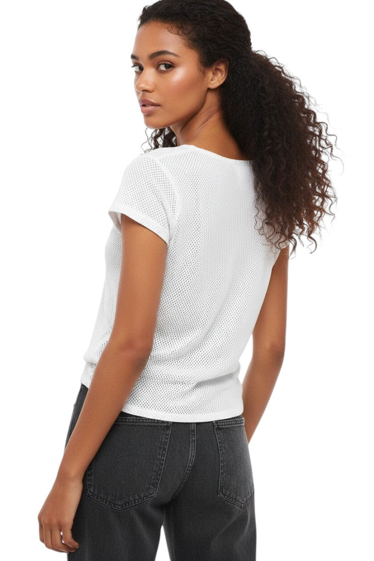 White Perforated Crew Neck T-Shirt 2