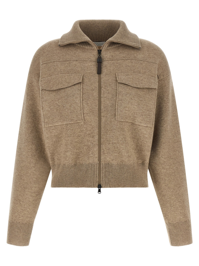 Beige Solid Shirt Collar Sweatshirt 1