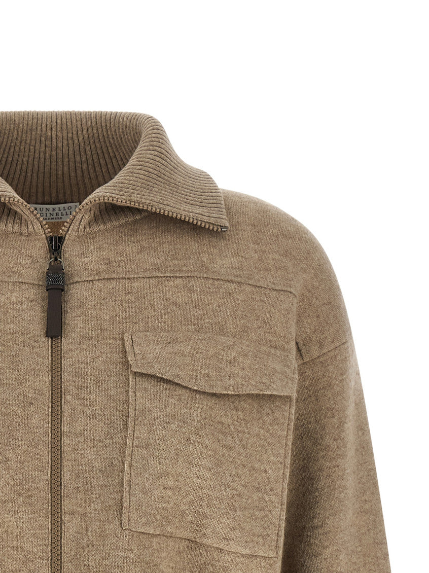 Beige Solid Shirt Collar Sweatshirt 3