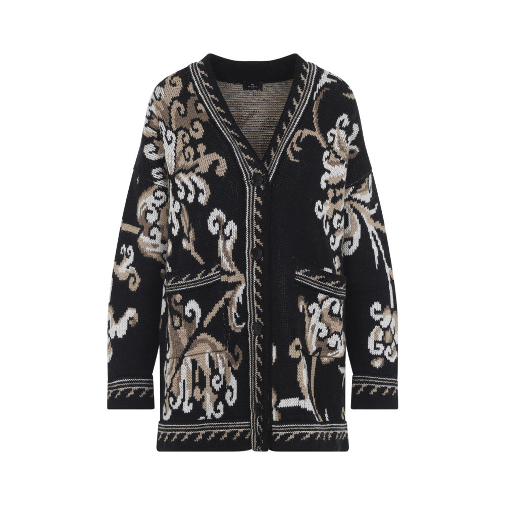 Black Jacquard V Neck Cardigan 1