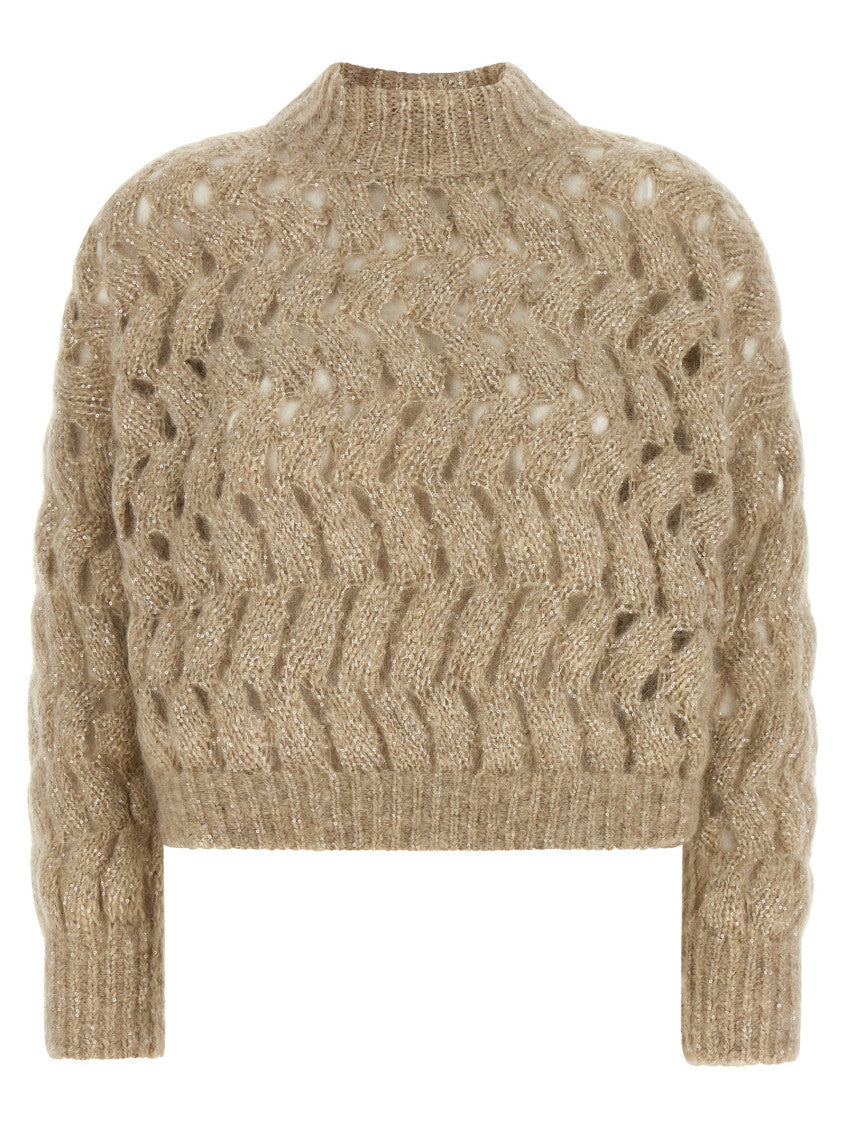 Beige Knitted Mock Collar Sweater 1