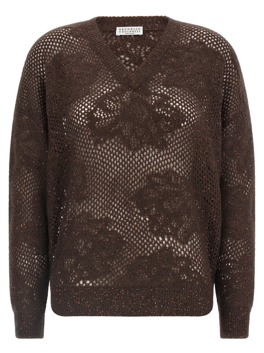 Brown Floral V Neck Sweater 1