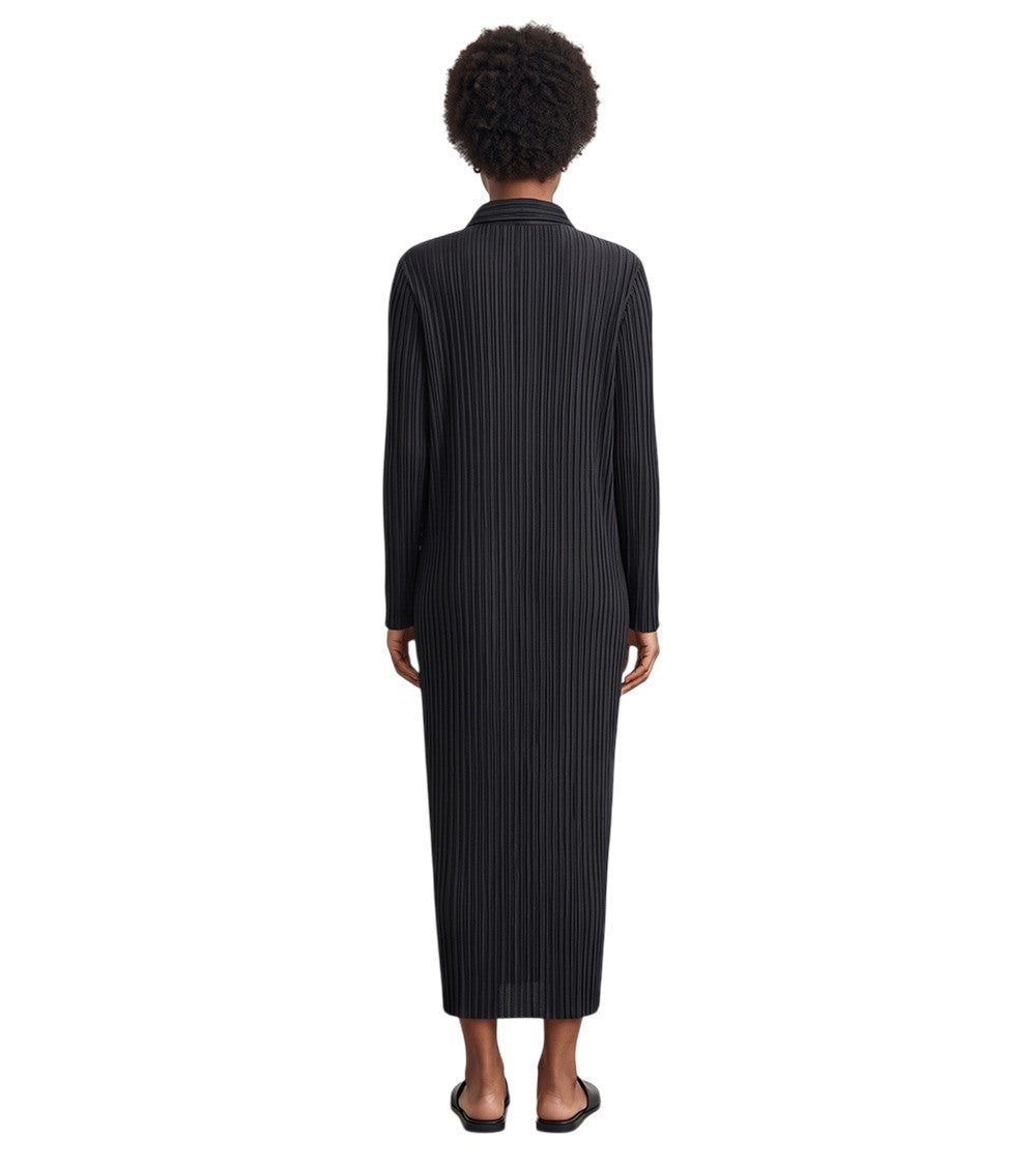 Black Pleated Shirt Collar Midi Dress 2