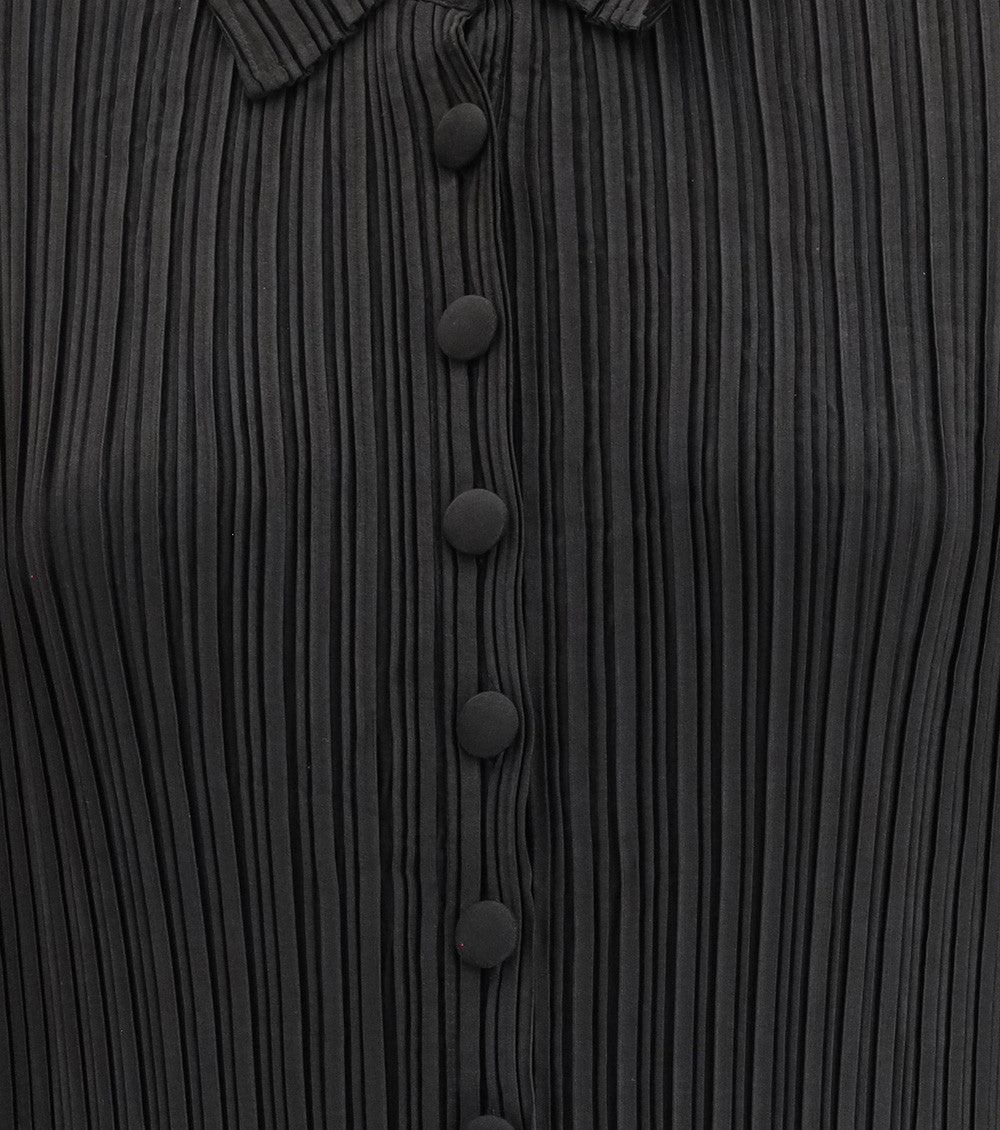 Black Pleated Shirt Collar Midi Dress 3