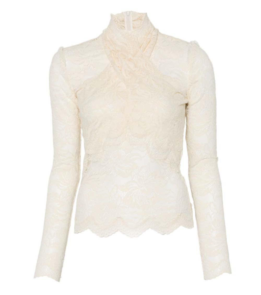 Beige Lace Mock Collar Top 1