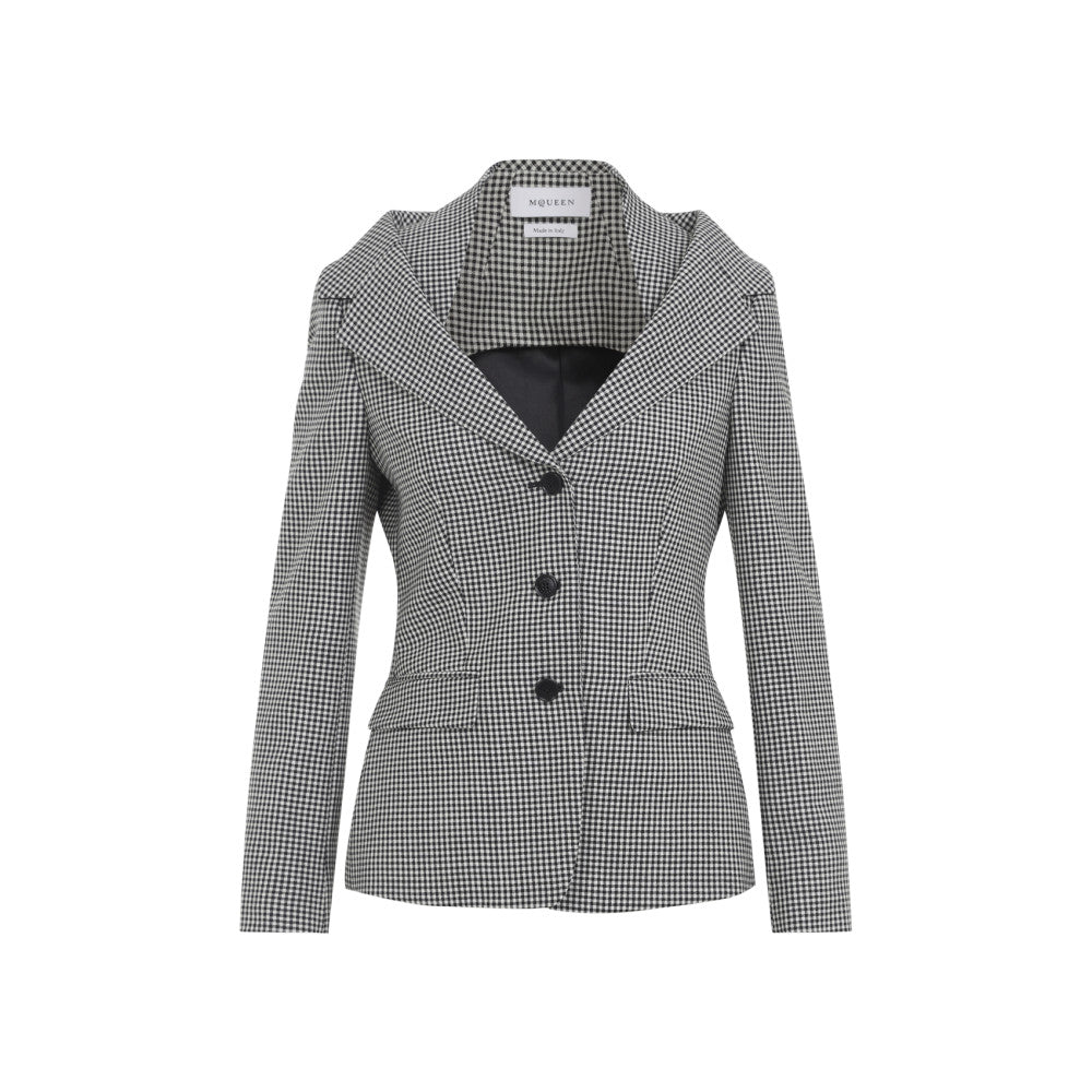 Black Gingham Notched Lapel Blazer 1