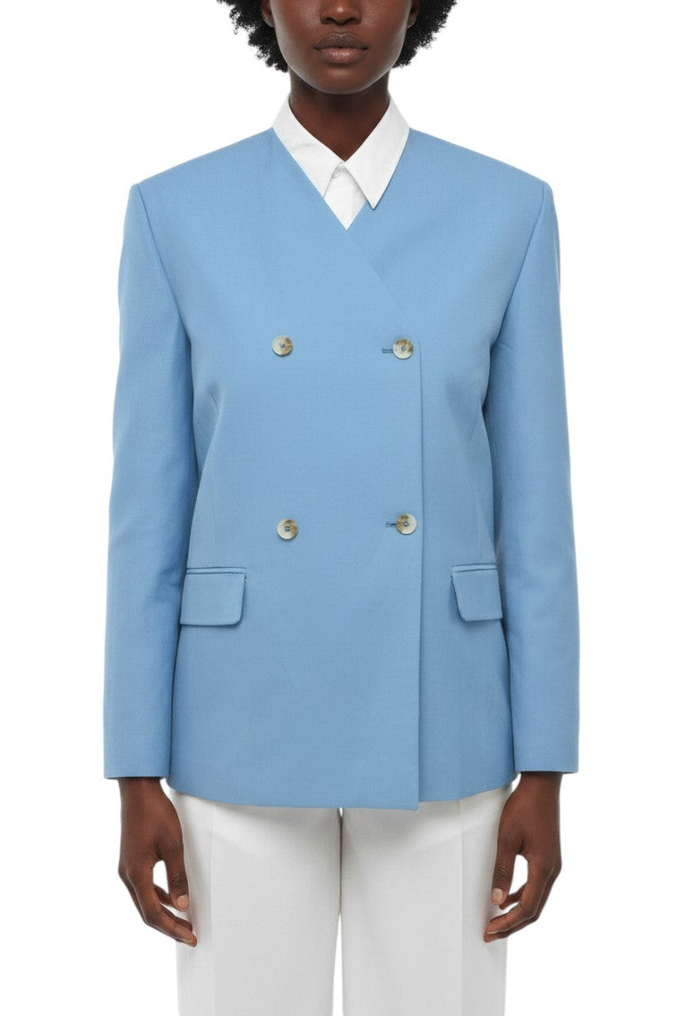 Sky Blue Solid V Neck Blazer 1