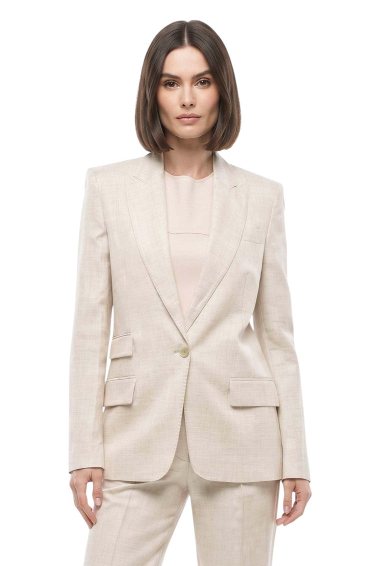 Beige Solid Peaked Lapel Blazer 1