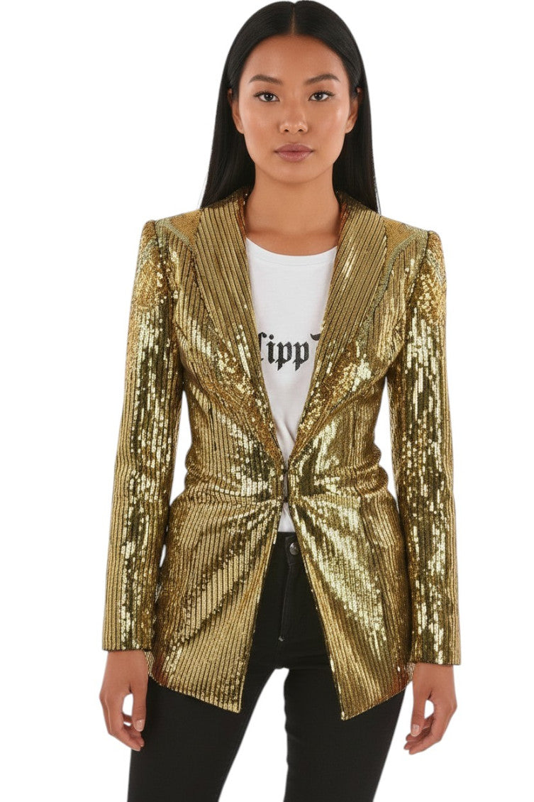 Golden Embellished Shawl Lapel Blazer 1