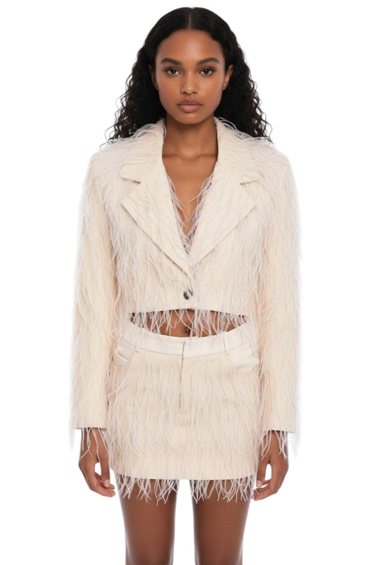 Beige Textured Notched Lapel Blazer 1
