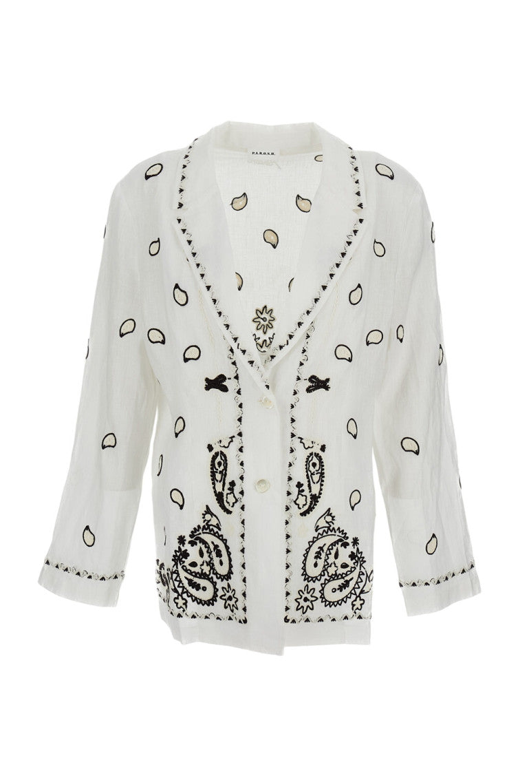 White Embroidered Notched Lapel Blazer 1