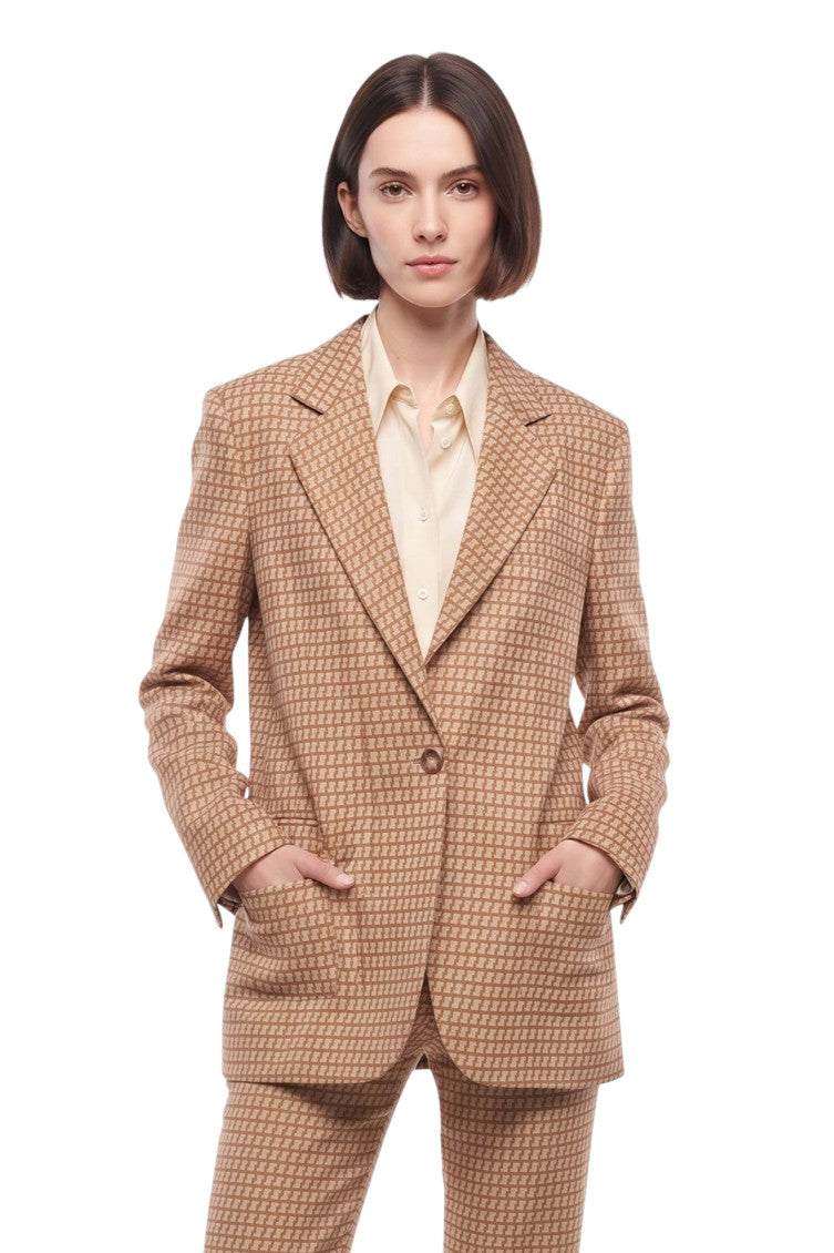 Brown Geometric Notched Lapel Blazer 1