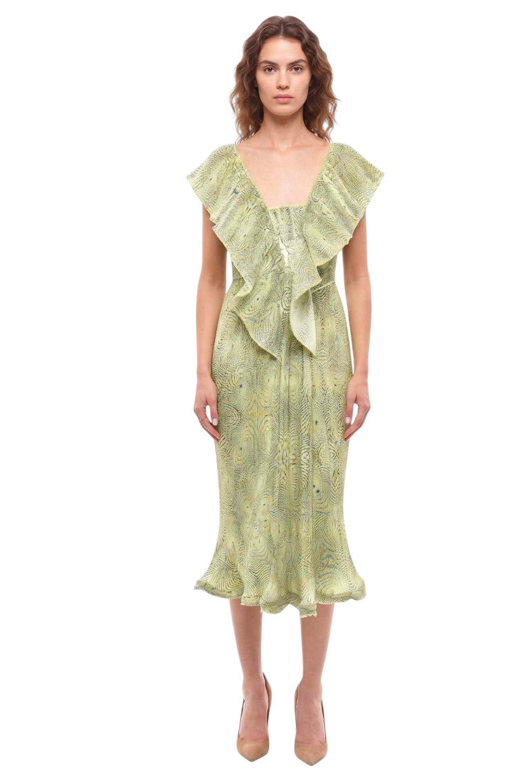 Green Printed V Neck Midi Dress 1