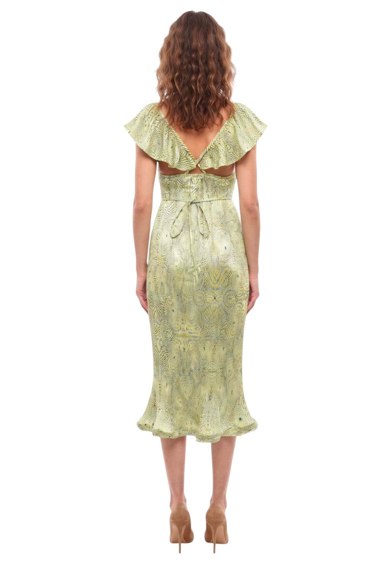 Green Printed V Neck Midi Dress 2