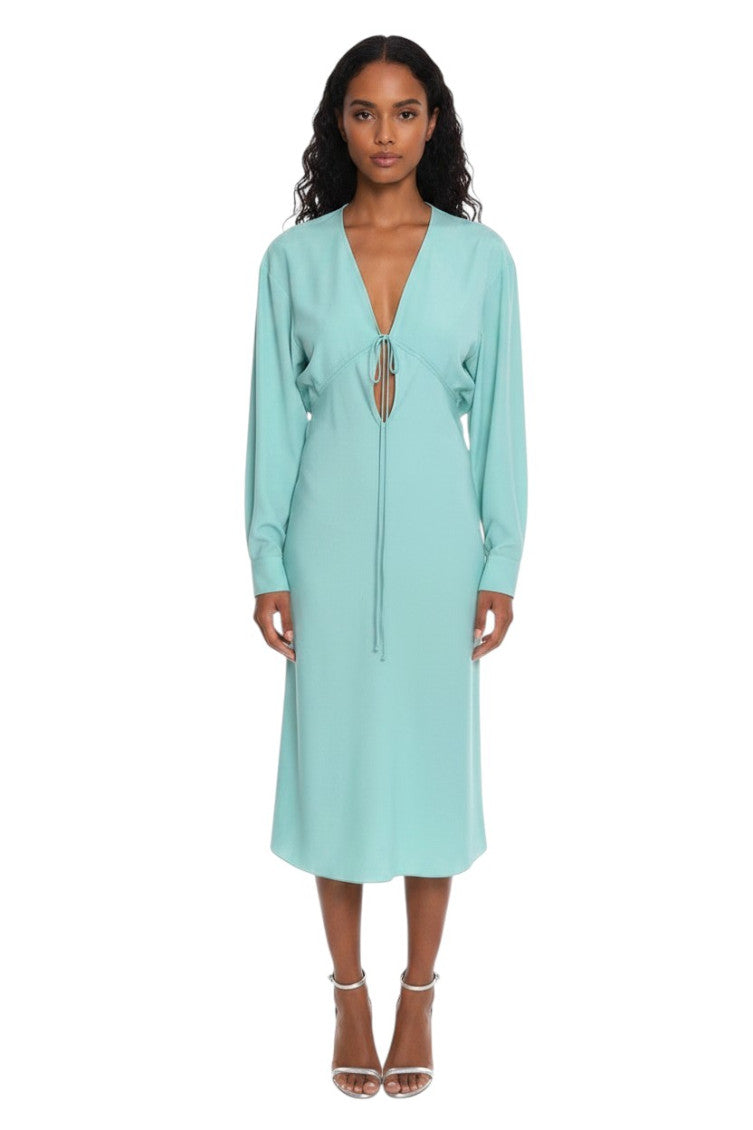 Green Solid V Neck Midi Dress 1