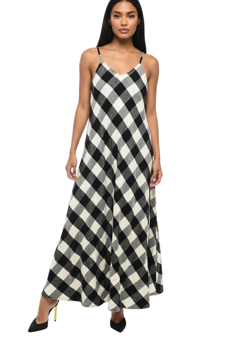 BlackWhite Checks V Neck Maxi Dress 1