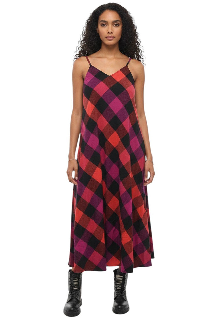 Pink Checks V Neck Midi Dress 1