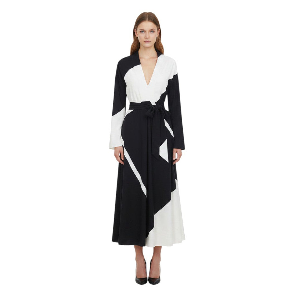 BlackWhite V Neck Midi Dress 1