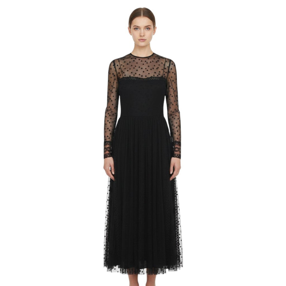 Black Polka Dot Round Neck Midi Dress 1