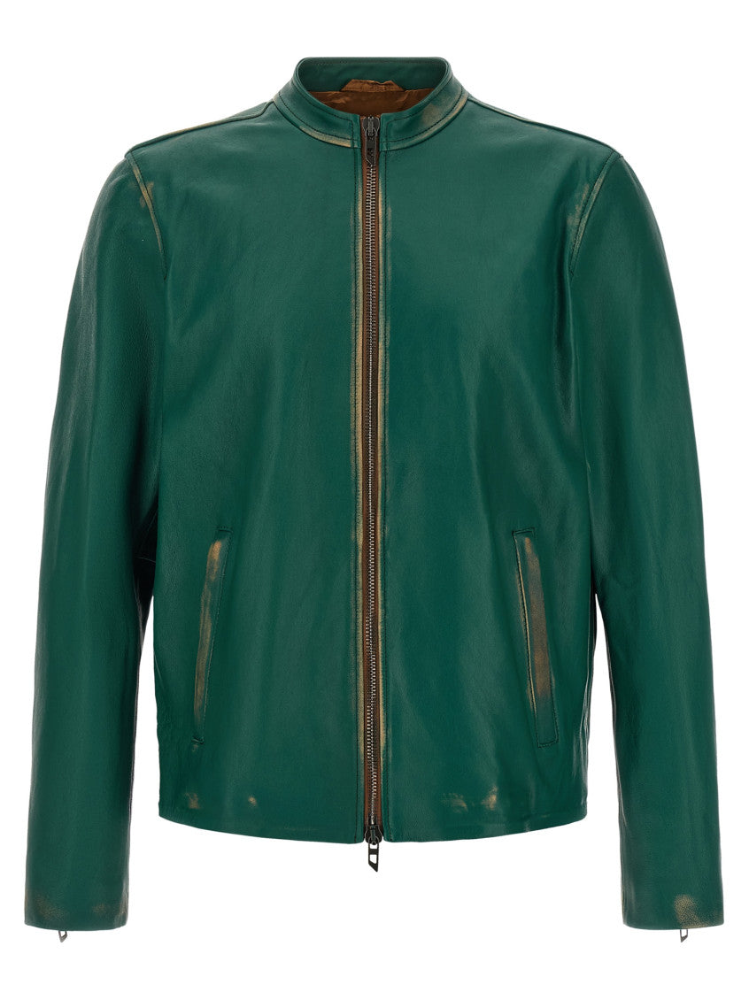 Green Solid Leather Jacket 1