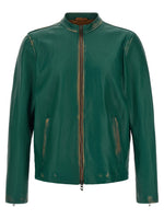Green Solid Leather Jacket 1