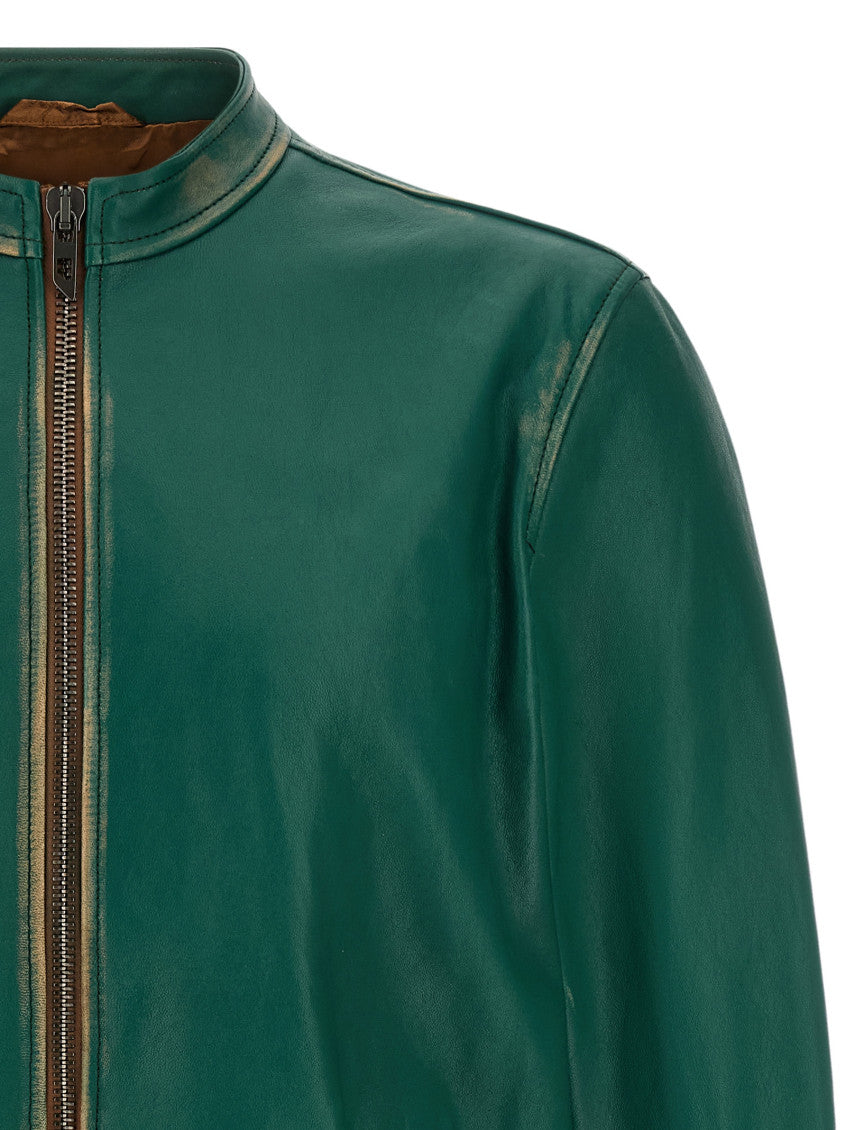 Green Solid Leather Jacket 3