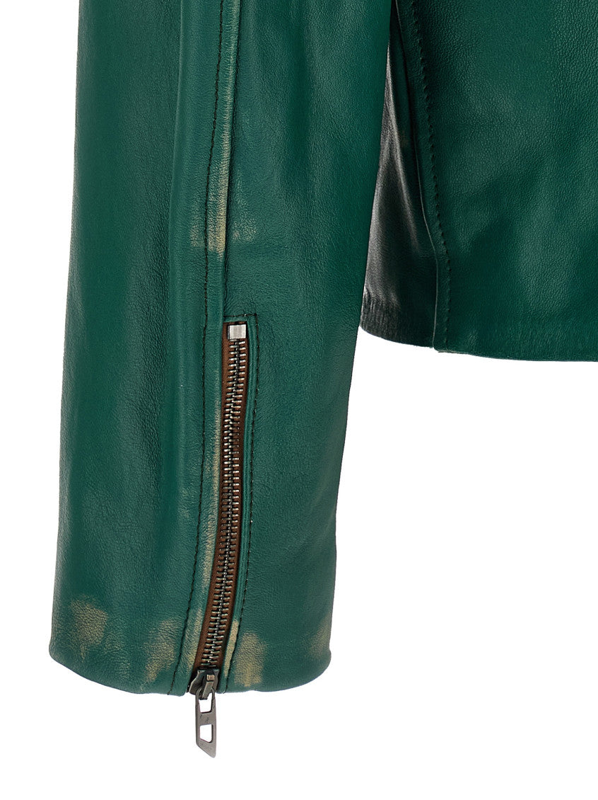 Green Solid Leather Jacket 4