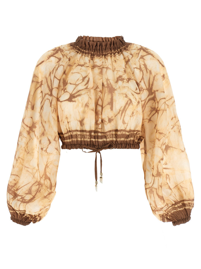 Beige Printed Mock Collar Top 1