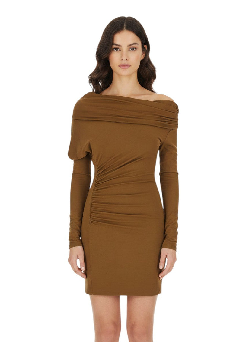 Beige Solid Off Shoulder Mini Dress 1
