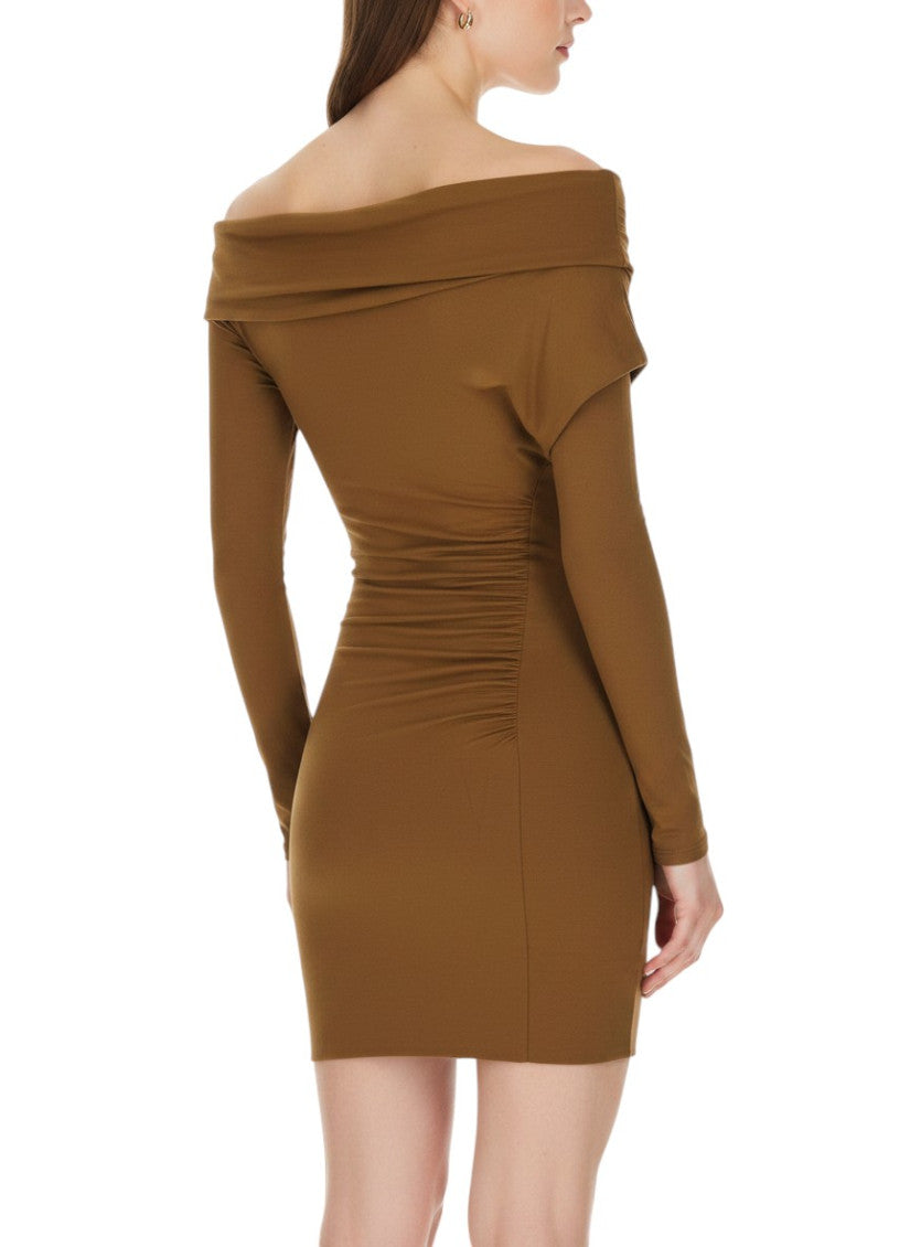 Beige Solid Off Shoulder Mini Dress 2