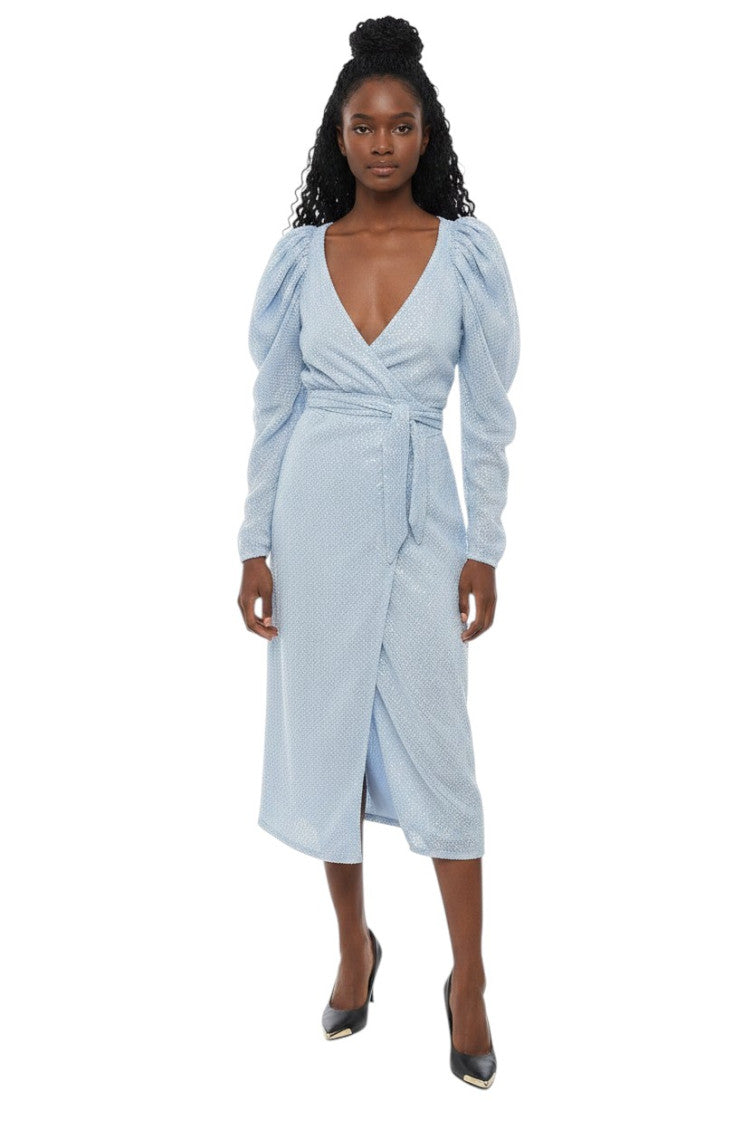 Sky Blue Embellished V Neck Midi Dress 1