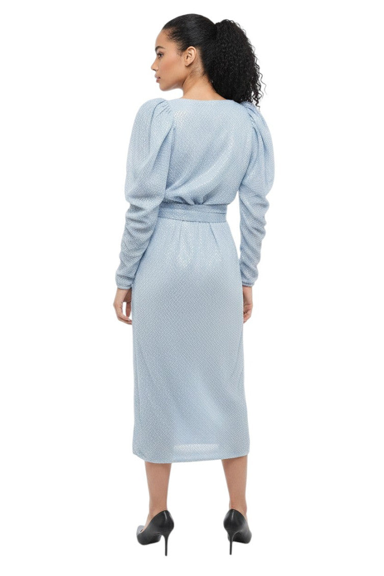 Sky Blue Embellished V Neck Midi Dress 2