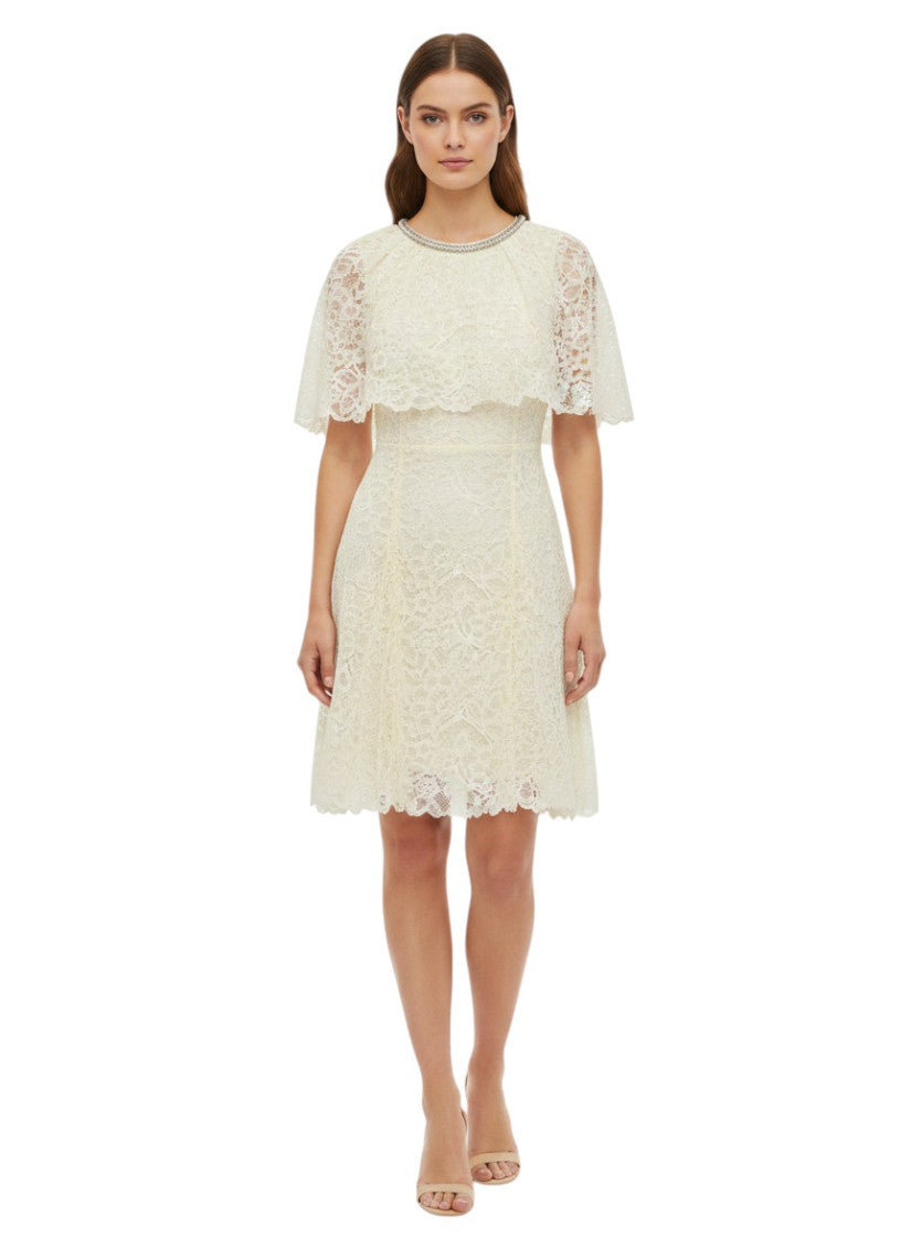 Off White Lace Round Neck Mini Dress 1