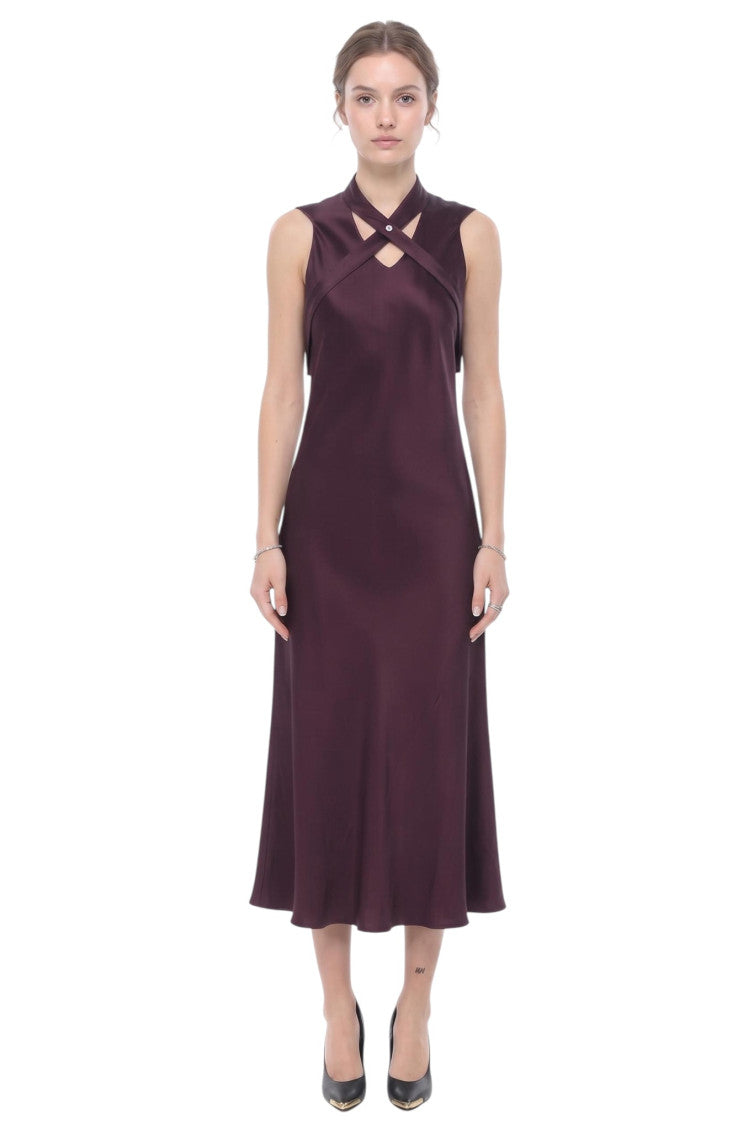 Purple Solid Mock Collar Midi Dress 1