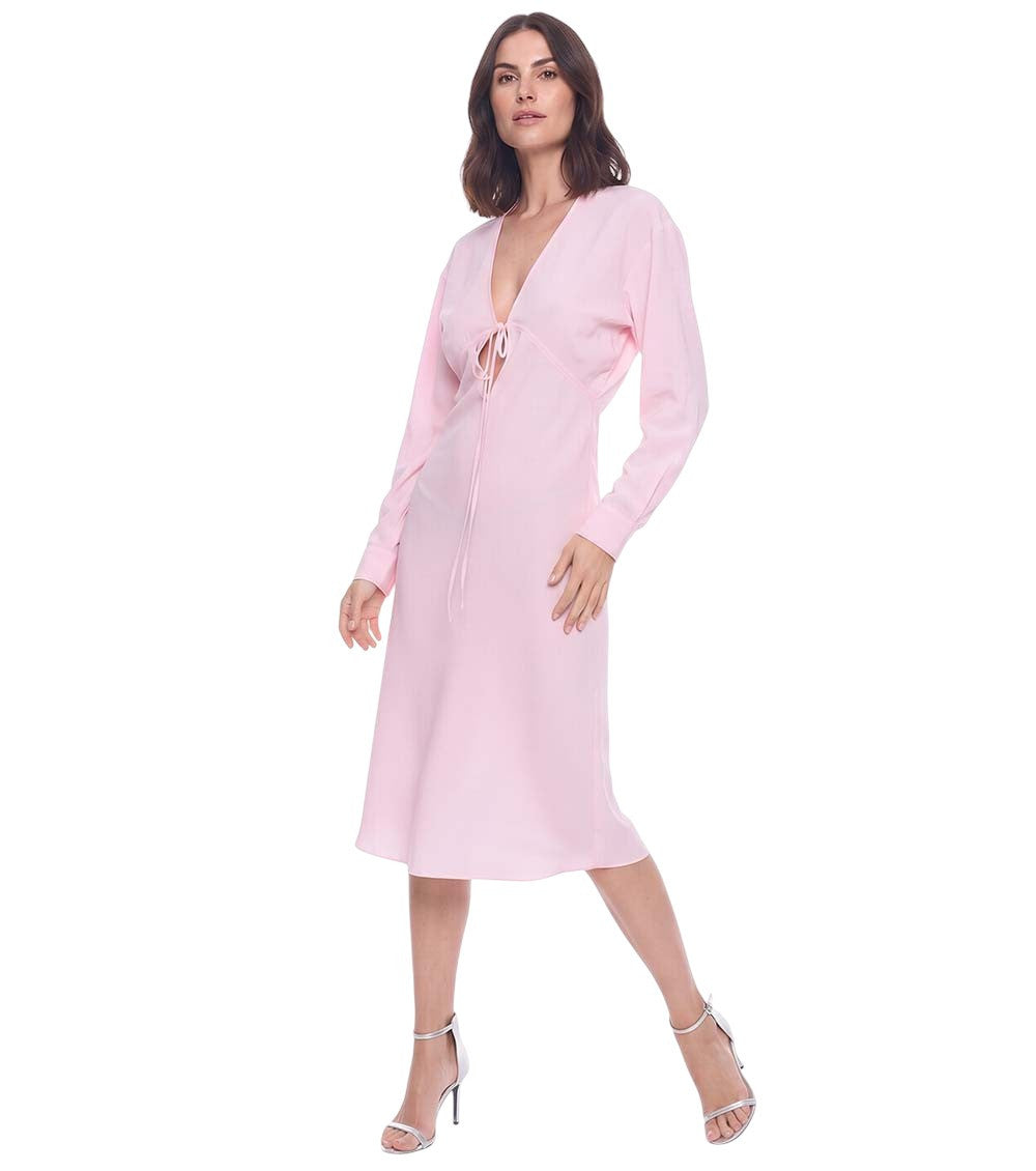 Pink Solid V Neck Midi Dress 1
