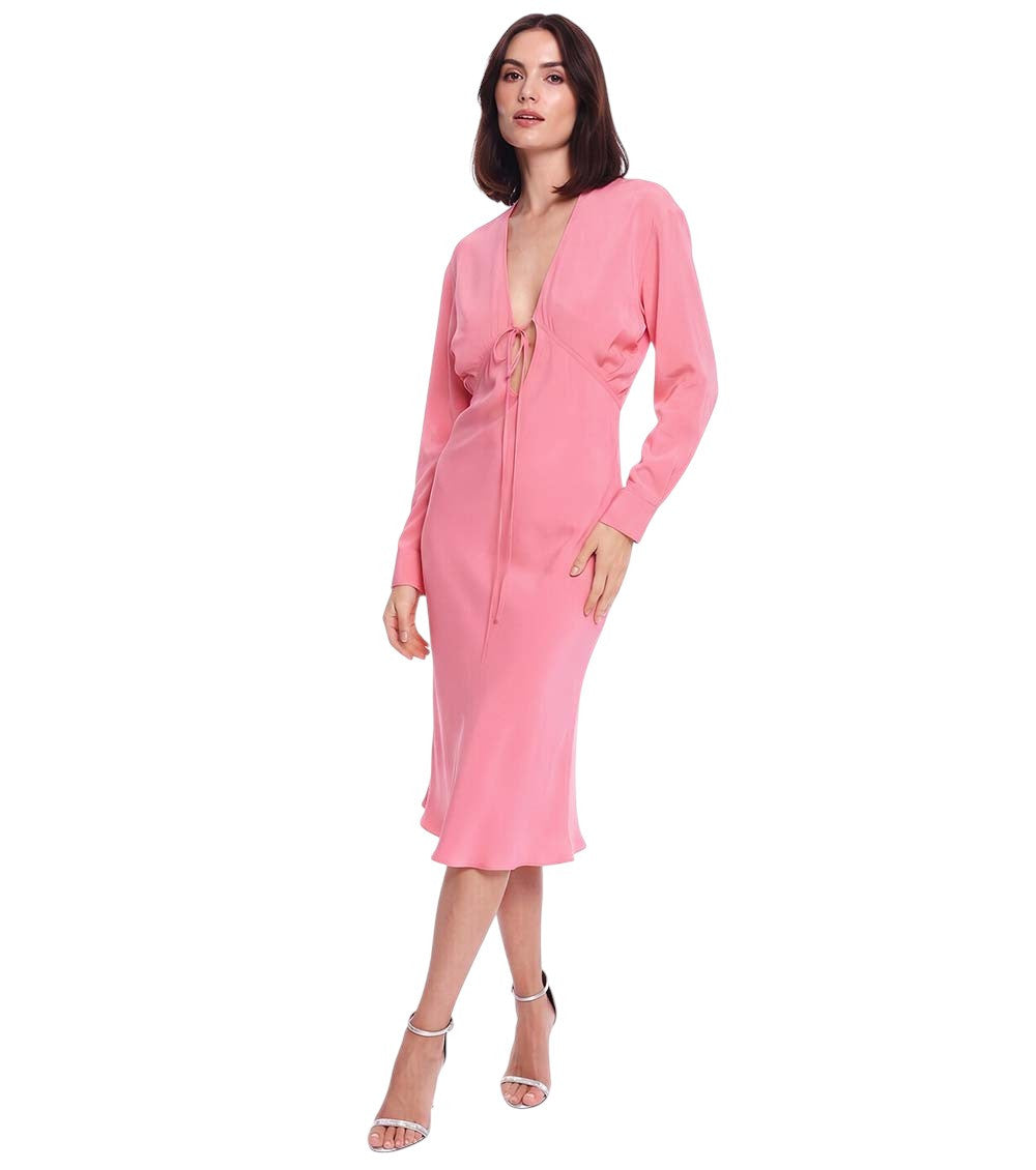 Pink Solid V Neck Midi Dress 1