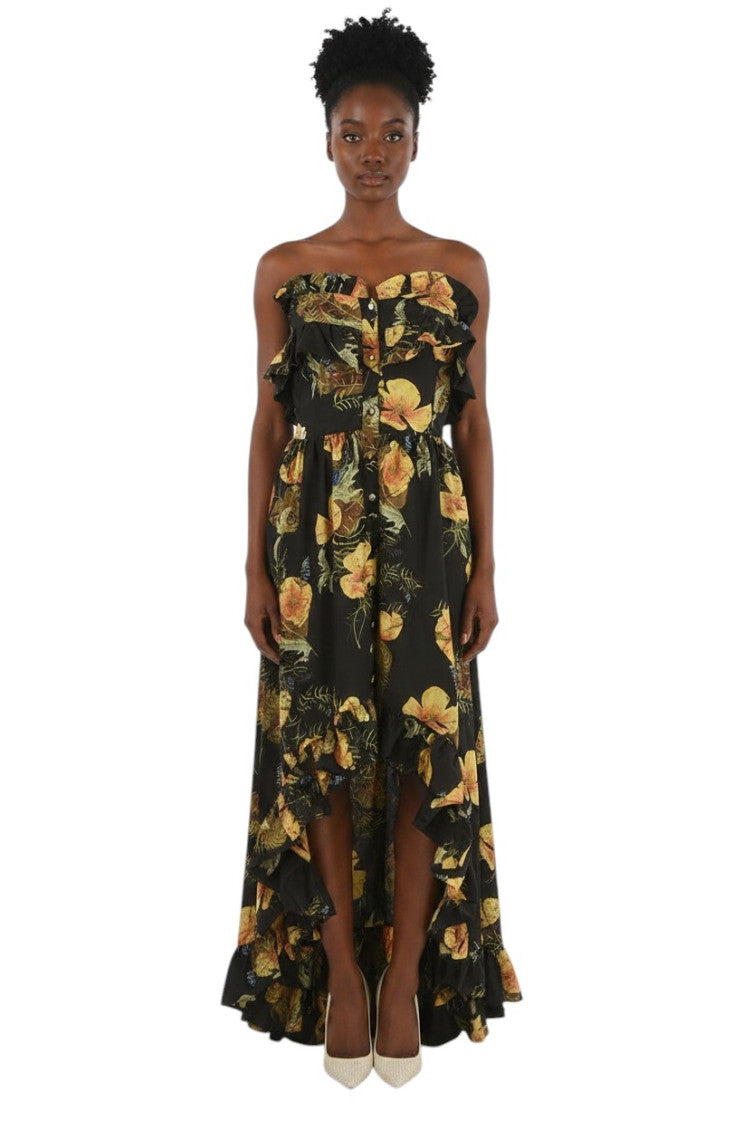 Black Floral Strapless Maxi Dress 1
