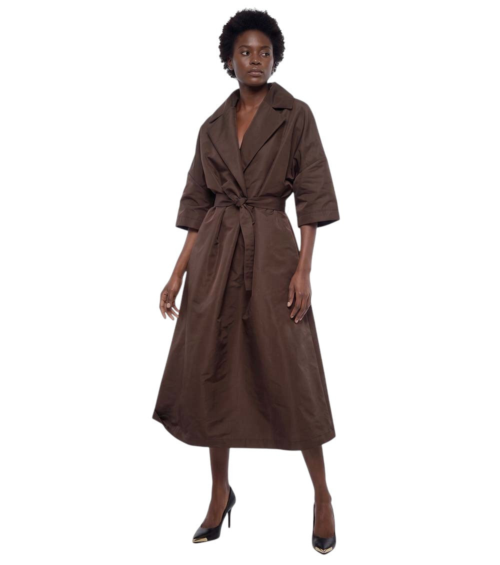Brown Solid Notched Lapel Midi Dress 1
