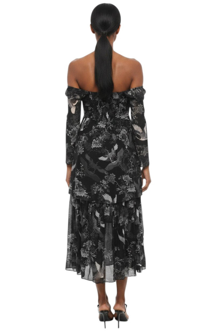 Black Floral Off Shoulder Midi Dress 2