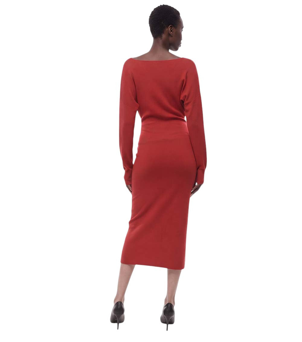 Red Solid V Neck Midi Dress 2