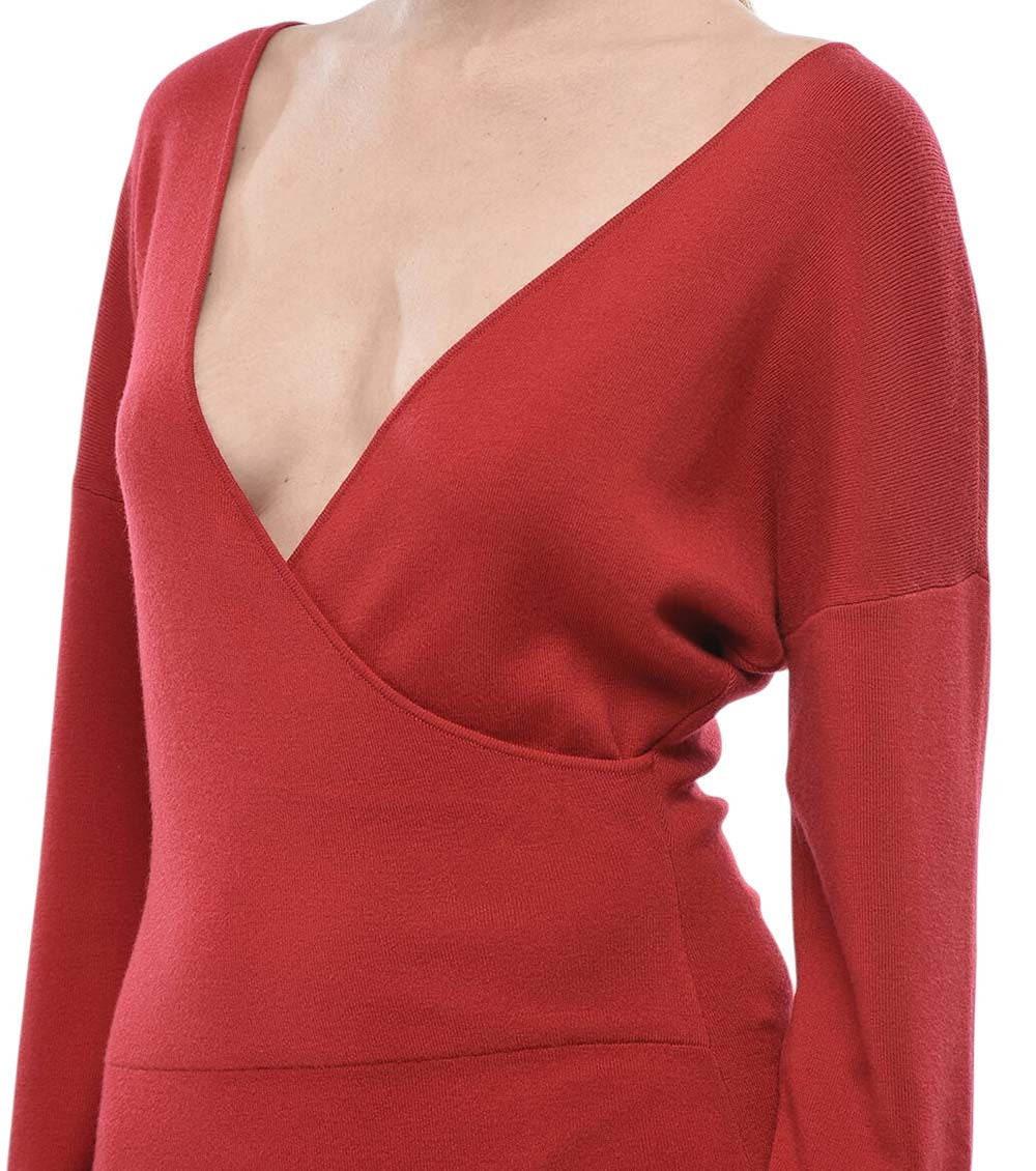 Red Solid V Neck Midi Dress 3