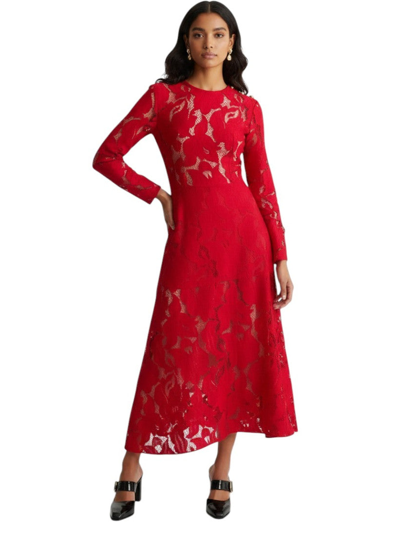Red Floral Crew Neck Midi Dress 2