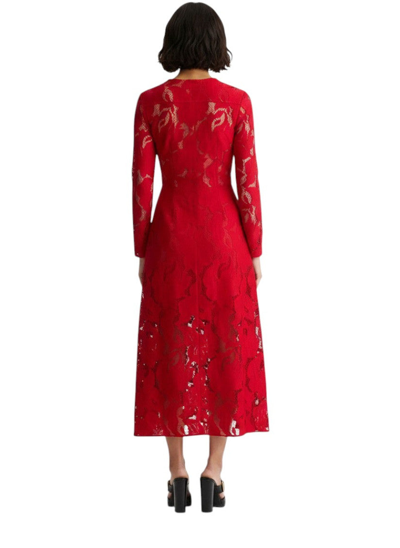 Red Floral Crew Neck Midi Dress 3