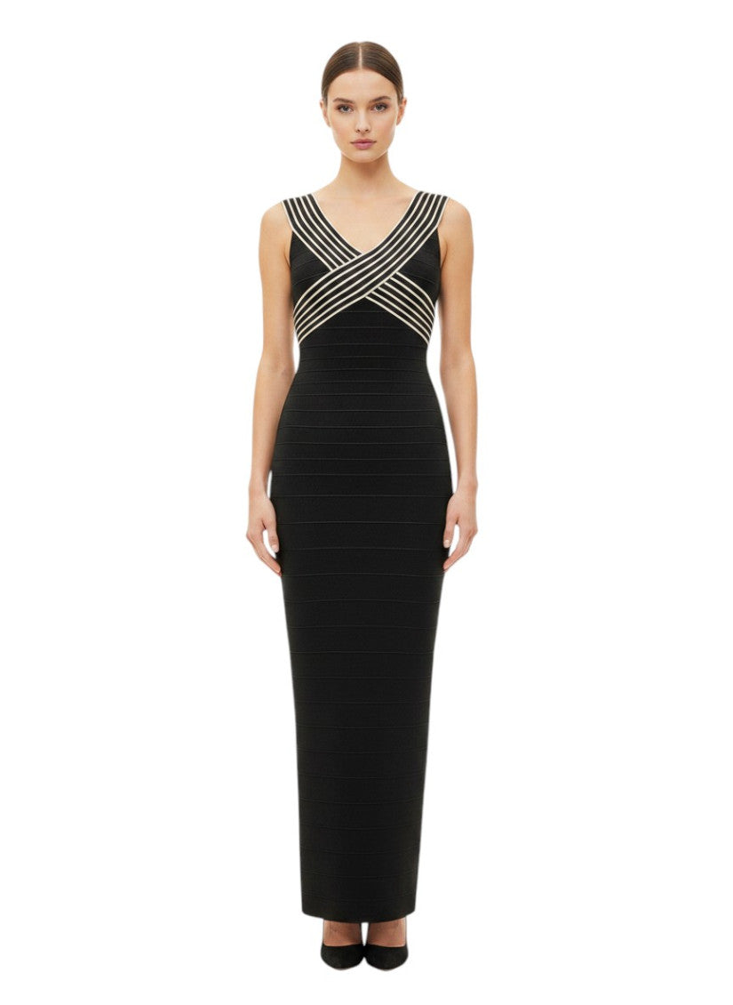 Black Solid V Neck Midi Dress 1